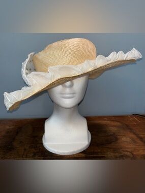 Mr John Women's Hat Wide Brim Straw with White Ruffle Trim Bead Accents Derby